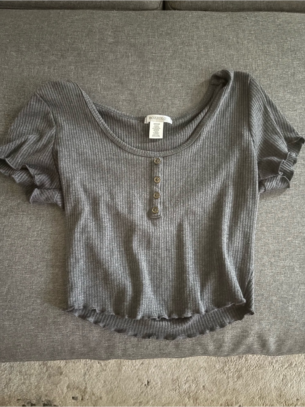 Bozzolo Charcoal Ribbed Button-Front Cropped Tee